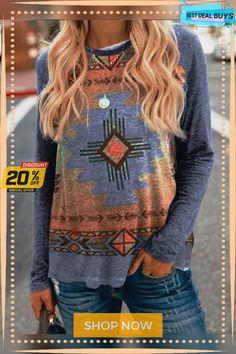 Western Style Vintage Crew Neck Long Sleeve Shirt & Top Womens Western Outfits, Native Print, Long Sleeve Tops Casual, Ethnic Print, Crew Neck Top, Outfits Fashion, Purple Grey, Western Outfits, Top Casual