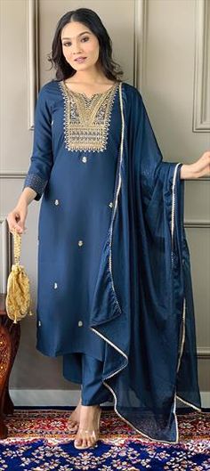 Blue color Salwar Kameez in Rayon fabric with Embroidered work Kaftan Tops, Bollywood Bridal, Reception Lehenga, Traditional Look, Readymade Saree, Salwar Kameez Online, Gowns For Girls, Pant Suit, Off White Color