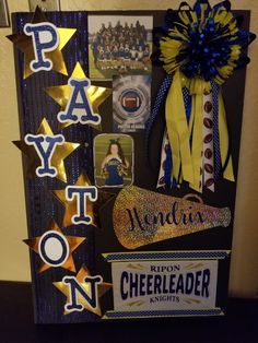 a collage of cheerleader's name and ribbons is displayed on a board