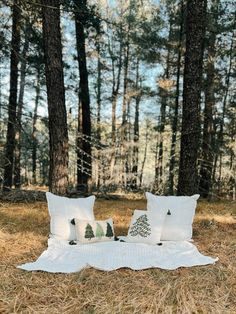 two white pillows sitting on top of a blanket in the middle of a forest filled with trees