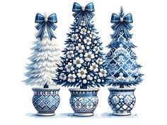 three blue and white vases with christmas trees in them, each decorated with bows