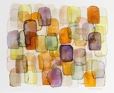 an abstract watercolor painting with squares and rectangles in orange, purple, yellow and green