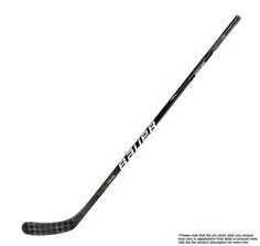 the hockey stick is black and has white writing on it, with an arrow in the middle