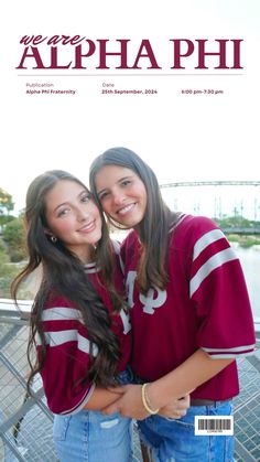 two young women hugging each other in front of the cover of an advertise