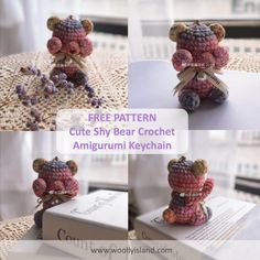 there is a stuffed bear made out of crochet and beads on the table