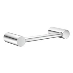 an image of two round handles on a white wall mounted toilet paper holder with chrome finish