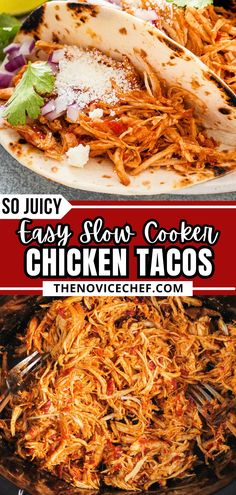 chicken tacos in a skillet with text overlay