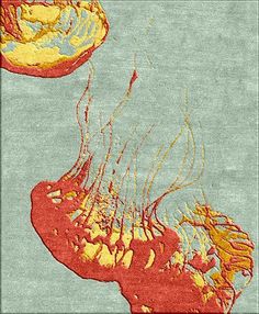 an area rug with jellyfish on it in red, yellow and blue colors that appear to be under water