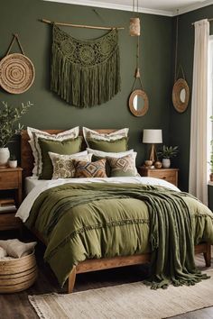 a bed with green sheets and pillows in a bedroom next to a wooden dresser filled with plants