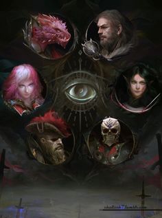 an image of some people with different facial expressions on their faces and in front of a demonic eye