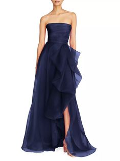 Draped Gown, Ruffled Skirt, Tulle Gown, Strapless Gown, Size 4, Navy