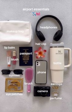 the contents of a travel bag laid out on top of a white surface with text above it