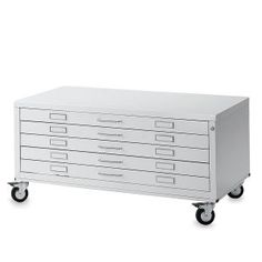 a white filing cabinet with five drawers and four casteors on the bottom, sitting on wheels