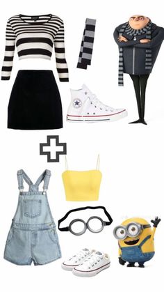 the minion is wearing overalls, striped shirt and black shorts with white sneakers