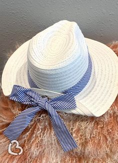 Striped Bow White with Navy Straw Hat Hat Cheekys Brand Patriotic Blue Beach Hat, Brimmed Straw Hat With Bow, Brimmed Beach Hat With Bow, Blue Sun Hat With Curved Brim, One Size, Blue Wide-brim Cotton Sun Hat, Color Swatch, Straw Hat, Us Images, Straw