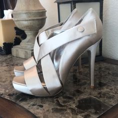 These Beautiful Gold Satin Steve Madden Formal Heels Are In New Condition Never Worn, Only Tried On. A Few Faint Scuffs From Storage, Nothing Noticeable As You Can See In The Pics.Priced According. Silver Wedding Shoes With 4-inch Heel And Ankle Strap, Metallic Silver Ankle Strap Heels For Wedding, Silver Open Toe Heels For Formal Occasions, Fitted Silver Wedding Shoes With 4-inch Heel, Metallic Silver Pointed Toe Heels For Wedding, Silver Fitted Heels For Wedding, Fitted Silver Heels With Almond Toe, Silver Ankle Strap Wedding Shoes With 4-inch Heel, Silver Open Toe Heels For Wedding