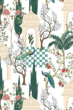 a wallpaper with birds and flowers on it