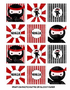 ninja party printables with red and black stripes on the bottom, one for each person