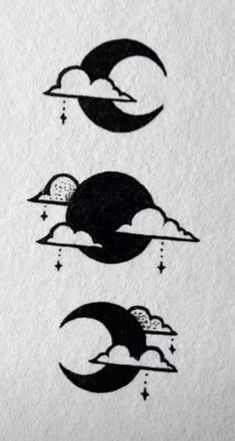 three phases of the moon and clouds in black ink on white paper with watercolor pencils