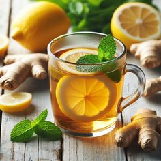 a cup of tea with lemon slices and mint