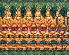 an artistic painting with many faces and body parts in gold, green and blue colors