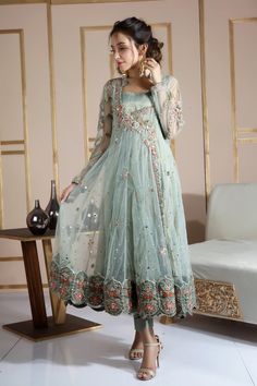 Pakistani Designer Online | Sarosh Salman | Luxury Pret & Wedding Wear Tissue Silk Anarkali Set With Long Sleeves, Long Sleeve Raw Silk Anarkali Set With Sheer Dupatta, Anarkali Choli With Mirror Work For Eid, Anarkali Salwar Kameez With Mirror Work For Designer Wear, Festival Long Sleeve Tissue Silk Anarkali Set, Anarkali Embellished Kurta For Designer Occasions, Anarkali Embellished Designer Wear Kurta, Designer Anarkali Embellished Kurta, Semi-stitched Anarkali Set With Mirror Work For Designer Wear