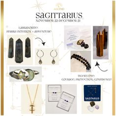 the flyer for sagitratus is shown in gold and black colors, including jewelry