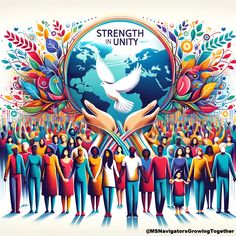 a group of people standing in front of a globe with the words strength in unity