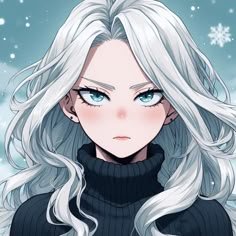 an anime character with long white hair and blue eyes, wearing a black turtle neck sweater