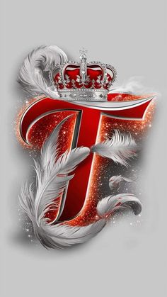 the letter f with a crown on top and feathers around it, in red and white