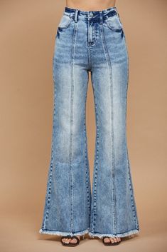 Elevate your wardrobe with these effortlessly chic Wide Leg Palazzo Jeans. Crafted with a unique center seam detail that adds a touch of elegance, these jeans are perfect for adding a boho twist to your everyday style. The frayed hem offers a laid-back, rustic edge, making these jeans ideal for rodeo events or a casual day out. With a comfortable zip fly and button closure, these jeans ensure a secure and snug fit. Key Features: Style: Boho, Western, Rodeo inspired Fit: Wide leg Palazzo design f Palazzo Design, Palazzo Jeans, Rodeo Events, Boho Twists, Western Rodeo, Diy Sewing Pattern, Fancy Blouses, Simple Tees, Style Boho