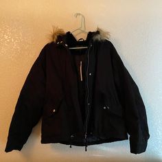 New & Never Worn Black Jacket With A Faux Fur Hood. Size Large. Has Pockets. Super Cute & A Staple For Winter! Fall Streetwear Outerwear With Faux Fur Trim, Fall Outerwear With Faux Fur Trim For Streetwear, Streetwear Outerwear With Faux Fur Trim For Fall, Trendy Black Parka For Fall, Trendy Black Fall Parka, Black Parka With Faux Fur Lining For Cold Weather, Black Outerwear With Faux Fur Lining For Cold Weather, Black Winter Parka With Zipper Closure, Black Parka With Zipper For Cold Weather