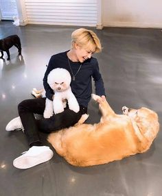 a woman sitting on the floor petting a dog with two dogs in the background