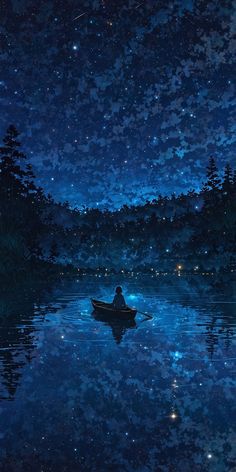 a person in a boat floating on top of a lake under a night sky filled with stars