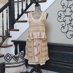 Free People New Romantics Voodoo Mama Dress X Small Fully Lined Drawstring Waist Embroidered Throughout So Very Pretty Casual Sleeveless Embroidered Dress For Vacation, Beige Sleeveless Rayon Dress, Sleeveless Embroidered Beige Dress, Casual Embroidered Beige Summer Dress, Beige Embroidered Casual Summer Dress, Casual Beige Embroidered Summer Dress, Casual Embroidered Mini Dress, Casual Embroidered Knee-length Mini Dress, Casual Sleeveless Embroidered Fitted Dress