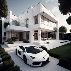 a white sports car is parked in front of a large modern house with balconies