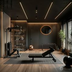 a home gym with exercise equipment and mirrors