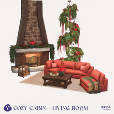 a living room filled with furniture and a fire place next to a christmas tree covered in red poinsettis