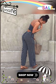 Fashion Women Stripe Sportswear Club Uniform Conjoined Party Chiffon Suspender Striped Broad-legged Trousers Thanks Note, Black Stripes, Blue Stripes, Fashion Women, Chiffon, Shop Now, Stripes, Trousers