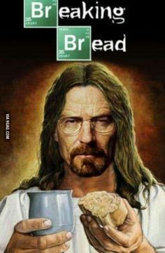 a painting of jesus holding a cup with bread in his hand and the words breaking bread