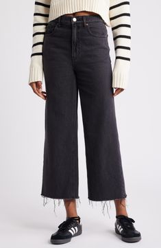 Fall for the cropped wide-leg silhouette of these season-perfect nonstretch jeans punctuated with raw hems. 26" inseam; 21" leg opening; 12 1/2" front rise; 16 1/2" back rise (size 29) Zip fly with button closure Five-pocket style 100% cotton Machine wash, tumble dry Imported Black Cropped Jeans, Black Wide Leg Jeans, Crop Jeans, Free Fabric, Black Crop, Black Fits, Cropped Jeans, Pacsun, Wide Leg Jeans