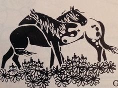 a black and white drawing of a horse with the number five on it's back