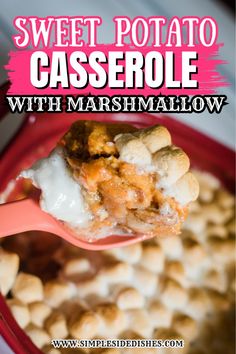 sweet potato casserole with marshmallows in a red bowl on a pink spoon