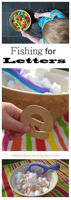 there are two pictures with the words fishing for letters in them and an image of a bowl full of marshmallows