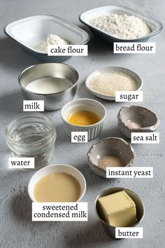 an image of ingredients to make cake in small bowls on the table with words above them