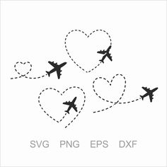 an airplane flying in the sky with hearts shaped trails around it and text svg png eps dxf