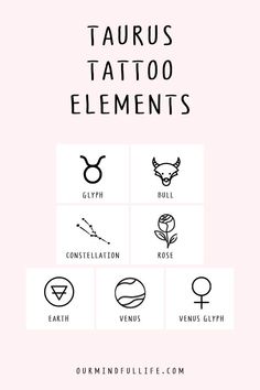 the taurus tattoo elements are shown in black and white on a light pink background