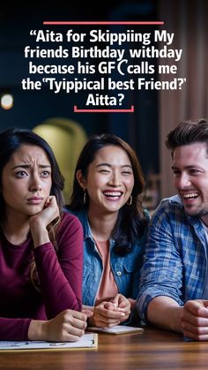 three people sitting at a table with the caption'ata for skipping my friends birthday,withday because his gf calls me the typical best friend? alita?