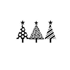 three christmas trees on a white background with black and white stars in the top right corner