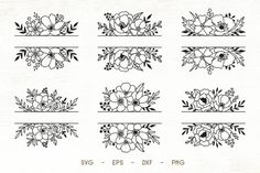 six floral borders with flowers and leaves in black ink on white paper, set of nine